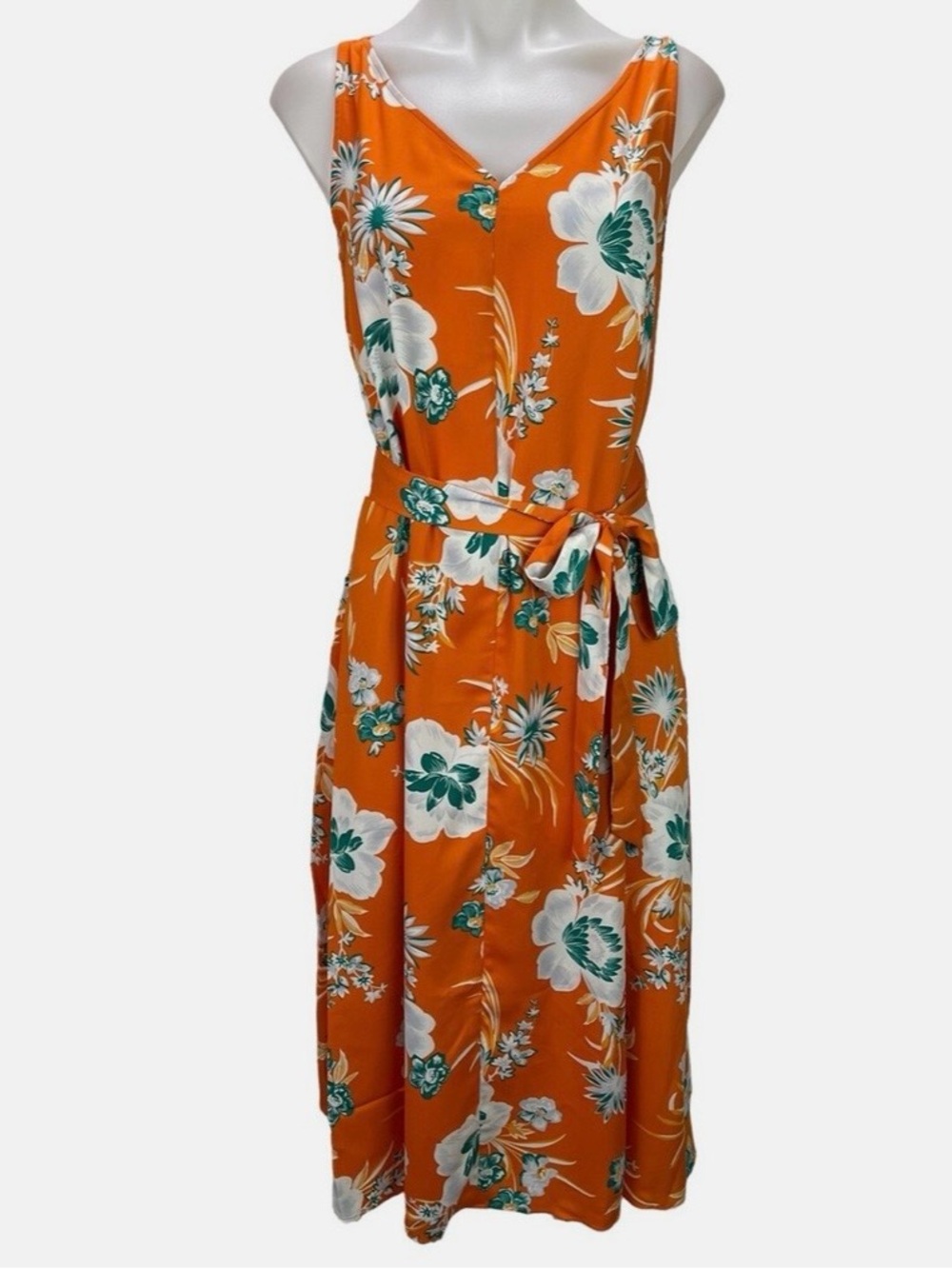 Ann Taylor Womens Floral Sleeveless Midi Orange Dress Tie Belt Size XS